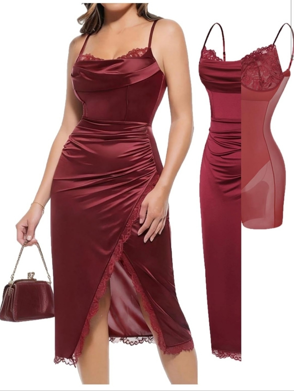 Popilush Women's Red Lace Corset Satin Ruched Cocktail Shapewear Midi Dress M
